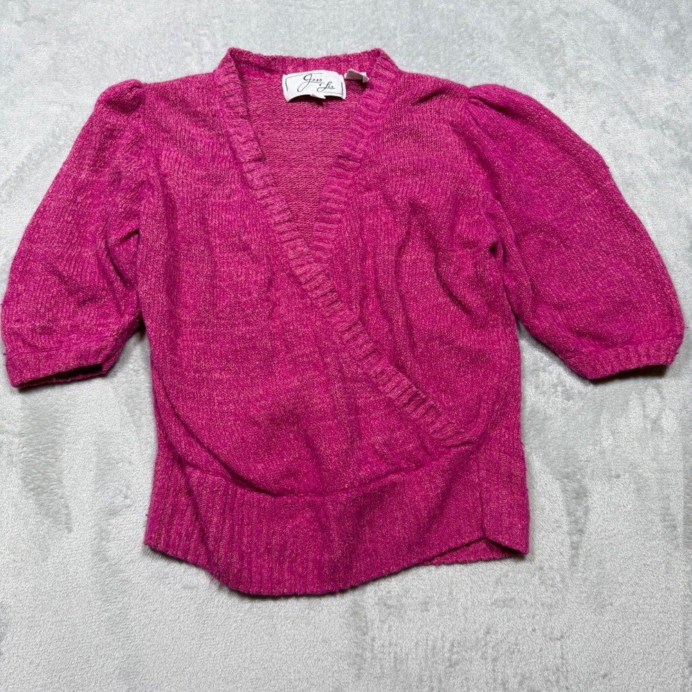 Vintage 80s Magenta Pink Silk Angora Blend Surplice Puff Sleeve Sweater Size L/M